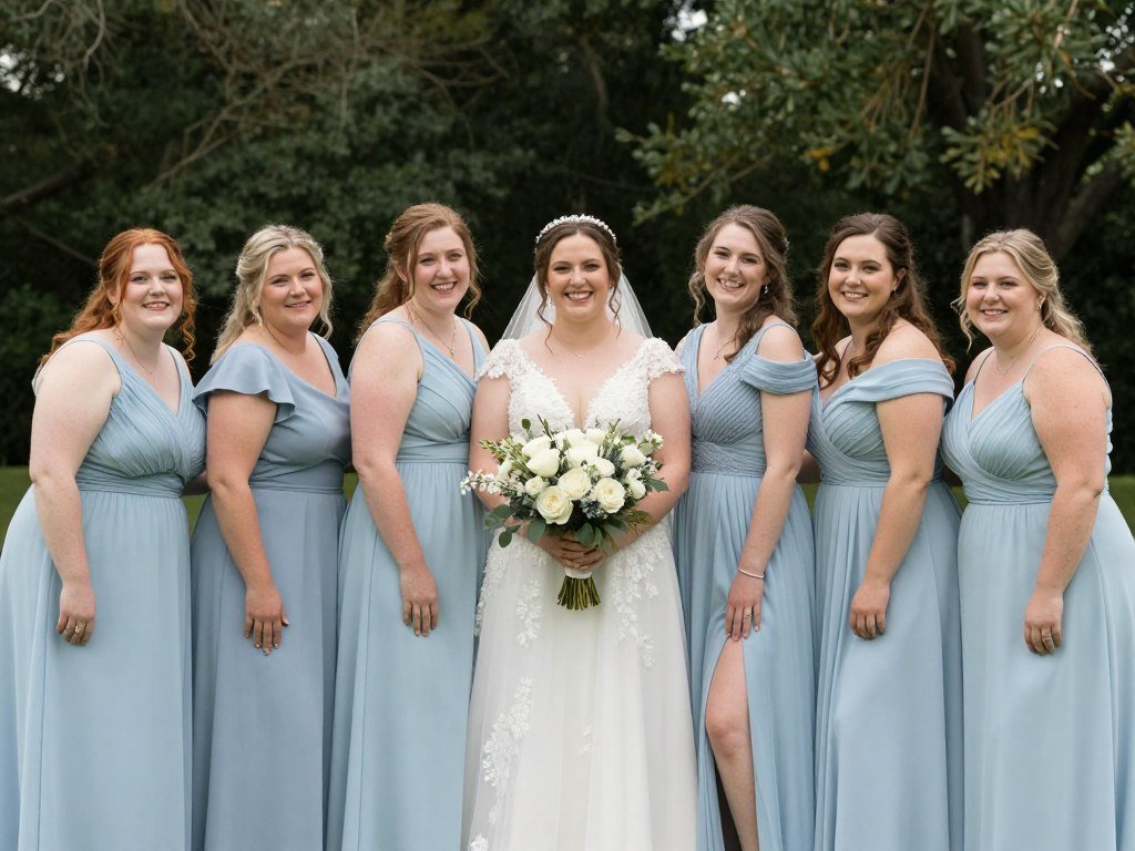 plus size bridesmaids in coordinated light blue dresses