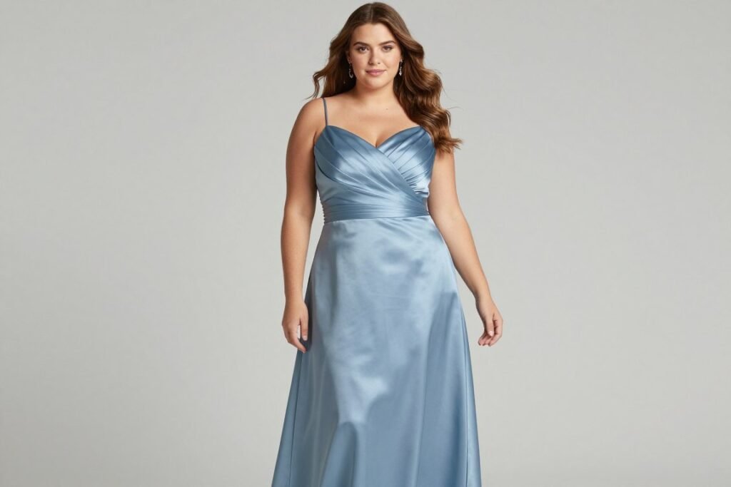 plus size dusty blue dress with flattering design details