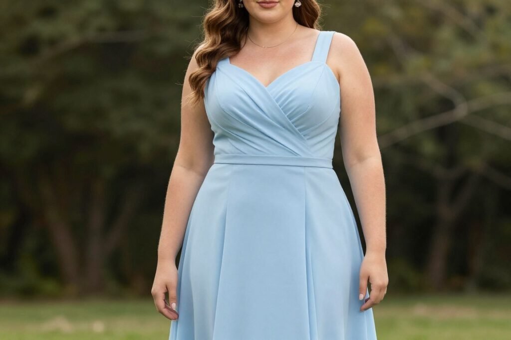 plus size light blue bridesmaid dress on model showing flattering fit