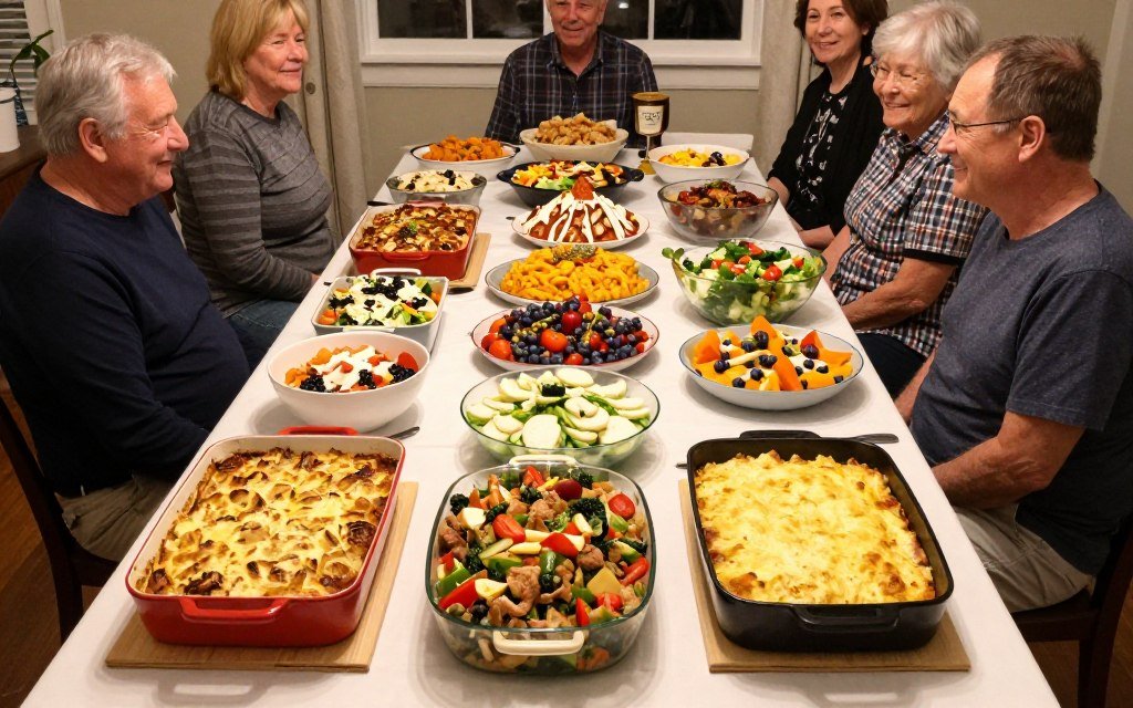 potluck style rehearsal dinner with variety of homemade dishes potluck style rehearsal dinner with variety of homemade dishes