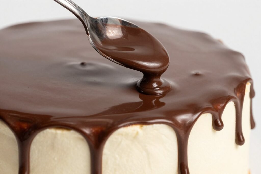 pouring chocolate ganache for drip cake effect