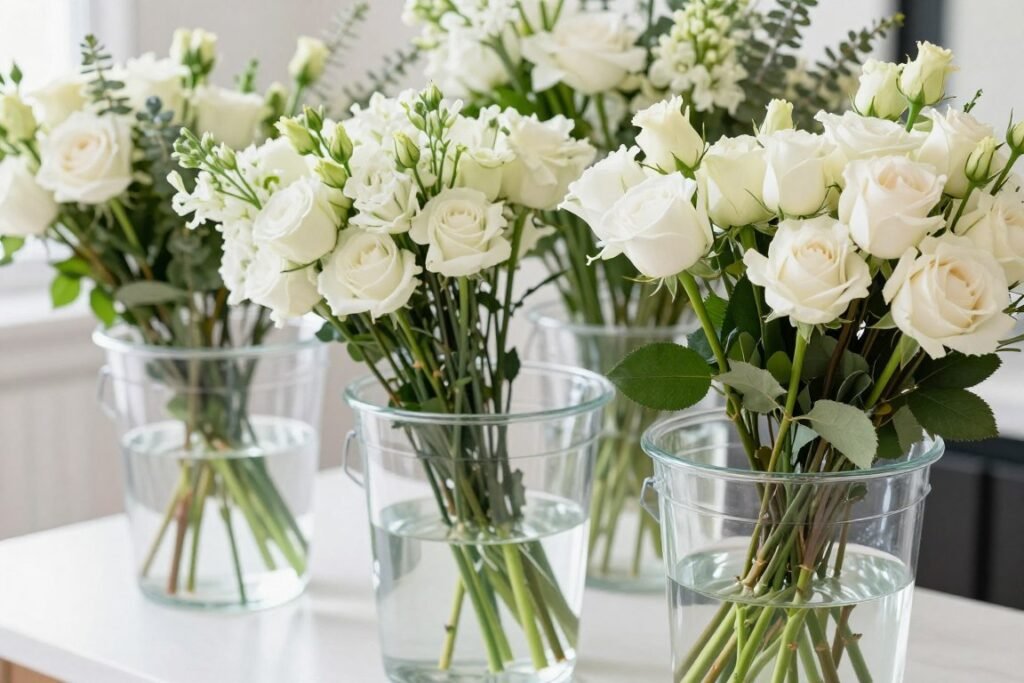 prepared flowers in water buckets prepared flowers in water buckets
