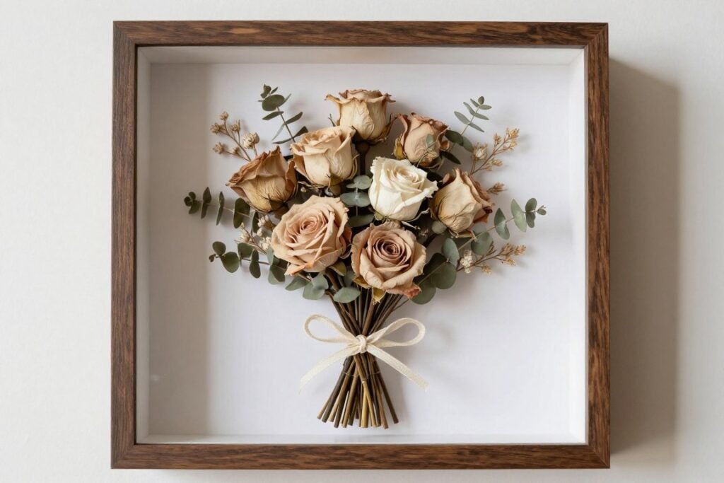 preserved wedding bouquet displayed in shadow box with white background