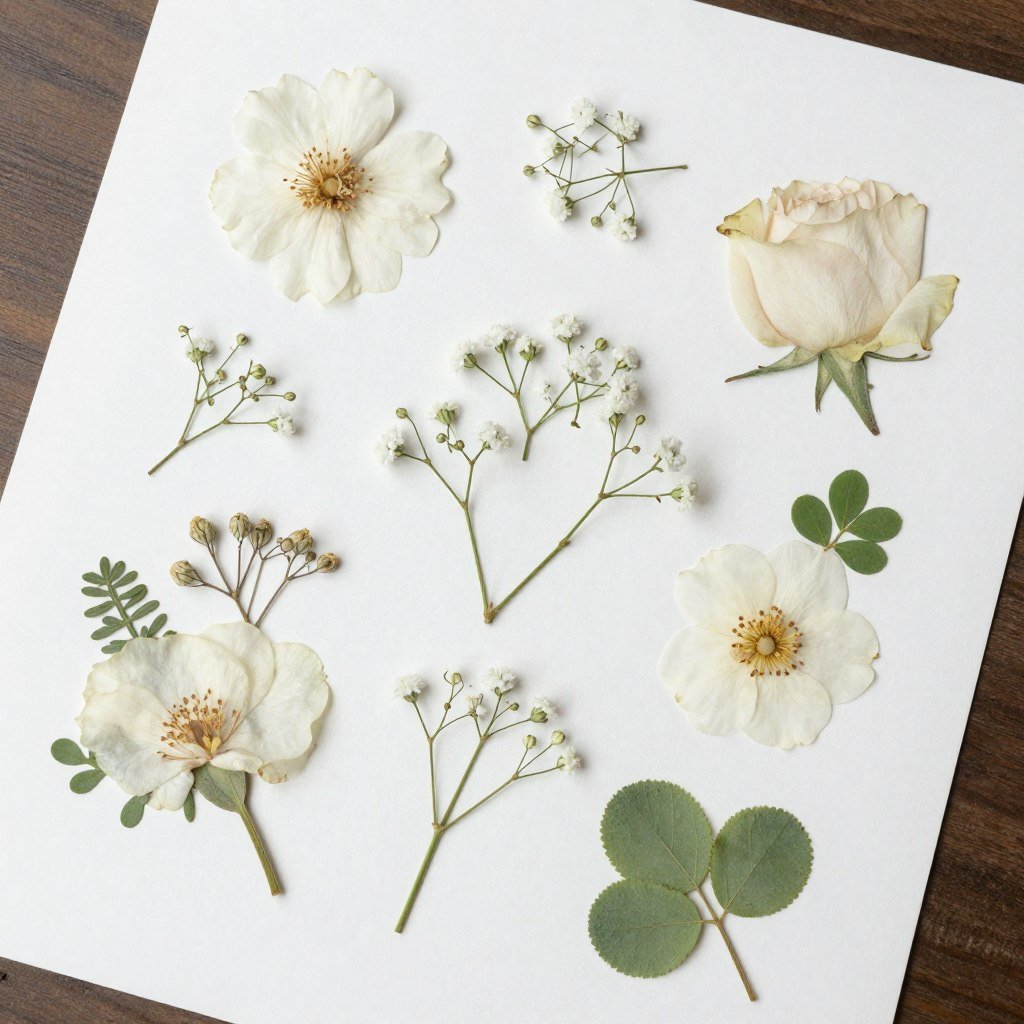 pressed wedding flowers arranged artistically on white paper