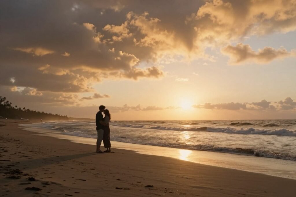 private beach proposal at sunset with couple silhouette
