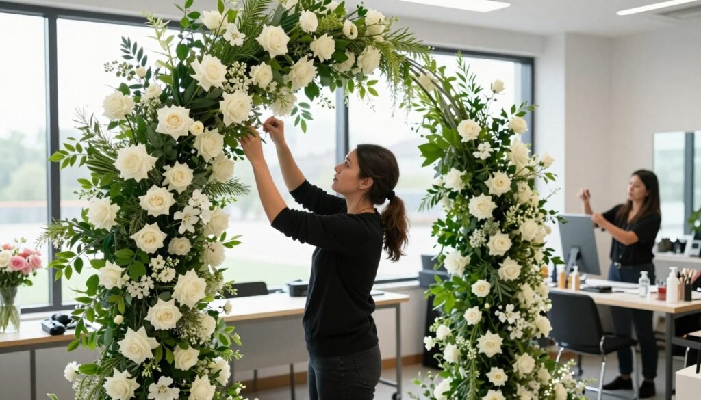 professional florist designing wedding arch