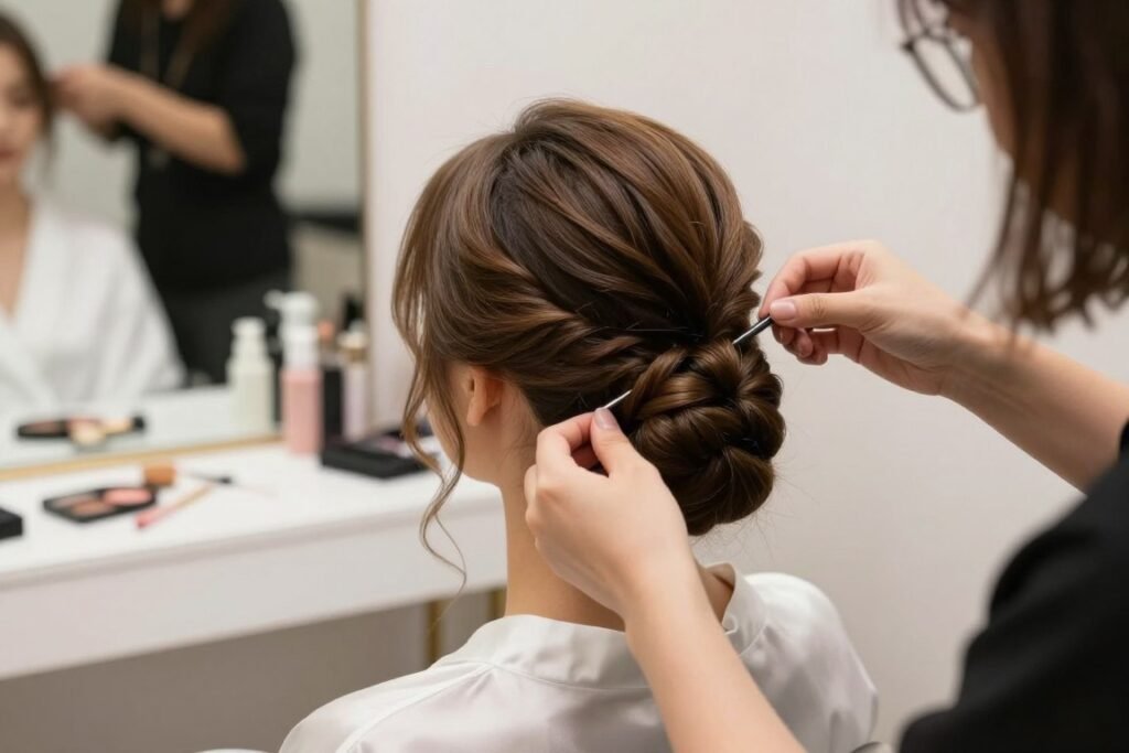 professional hairstylist working on bridesmaid updo