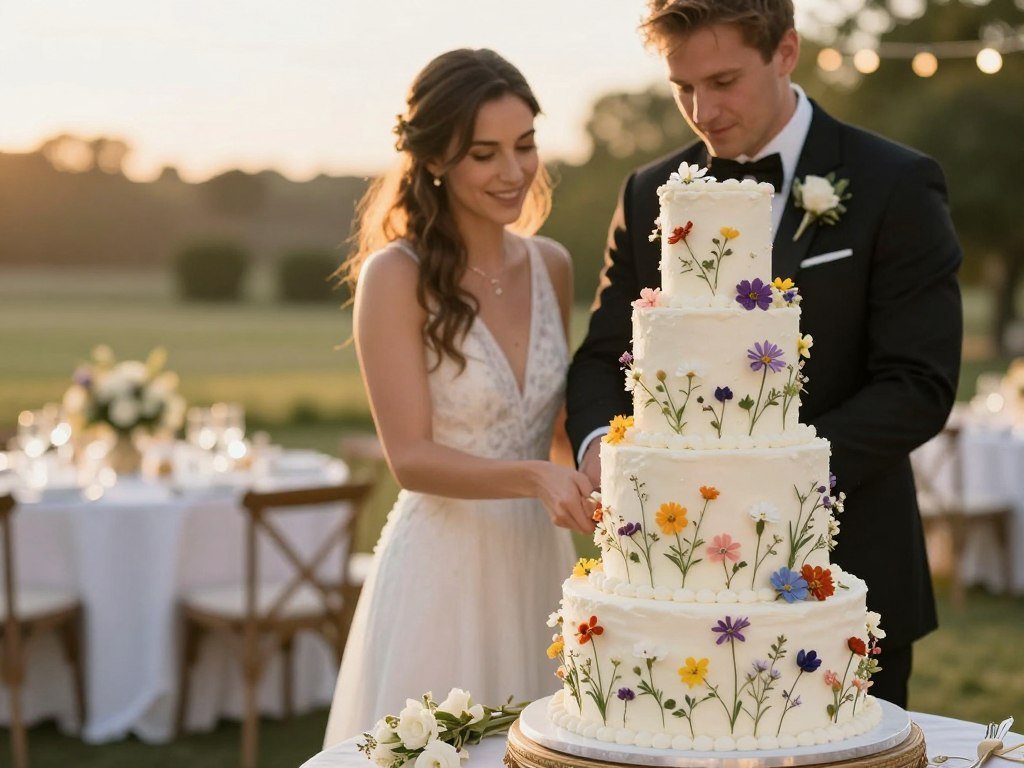 professional photograph of wildflower wedding cake