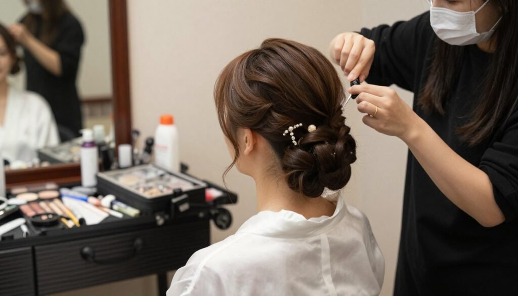 professional stylist working on bridesmaid hair