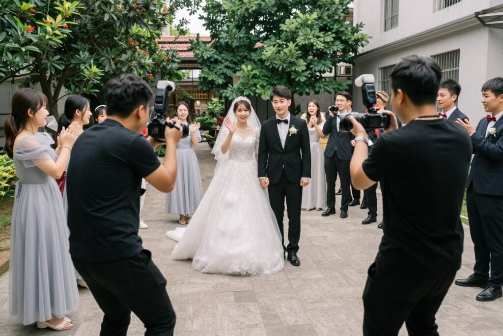 professional wedding photographer capturing send off moment with couple and guests