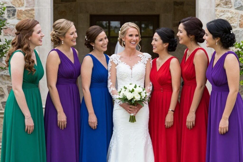 professional wedding photos showcasing colorful bridesmaid dresses with bride in white gown