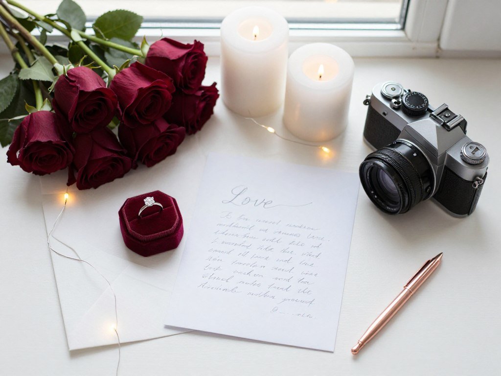 proposal aesthetic elements including flowers candles and ring box