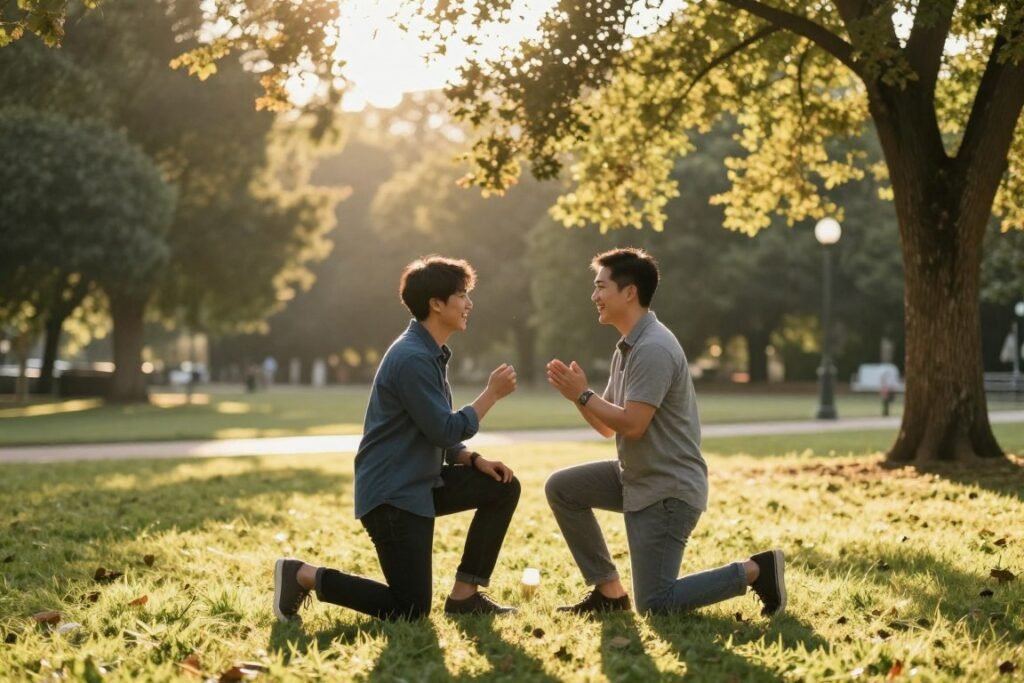 proposal during golden hour with warm natural lighting