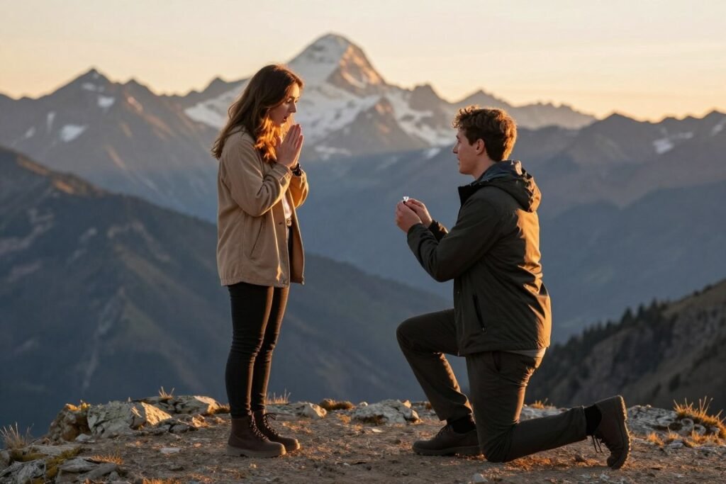 proposal on mountain peak with engagement ring