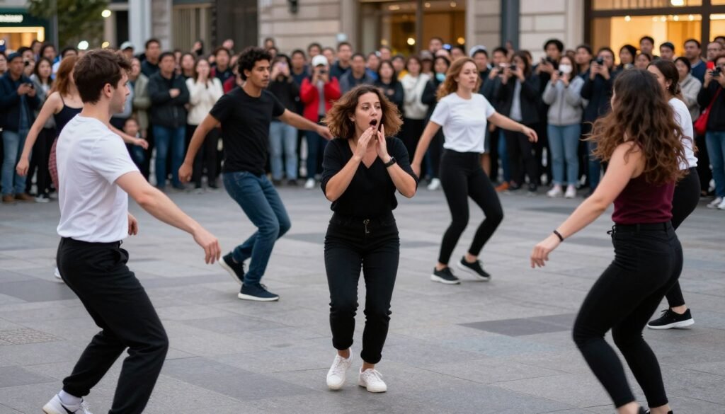 public flash mob proposal in city square with dancers