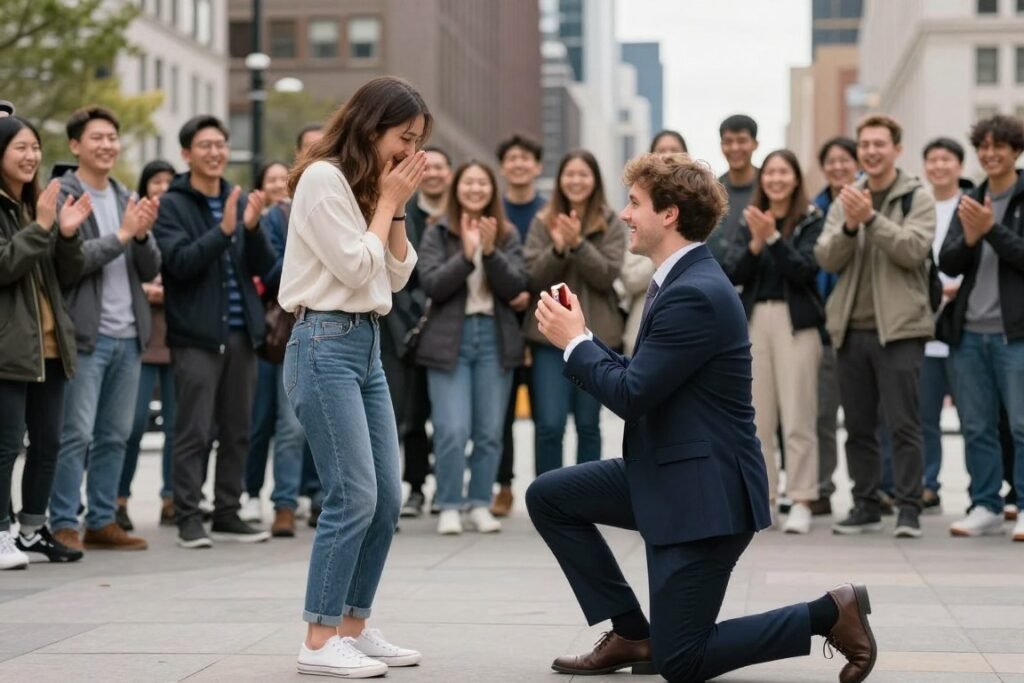 public proposal with crowd gathered around celebrating couple