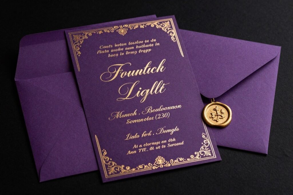 purple and gold formal wedding invitation with elegant typography
