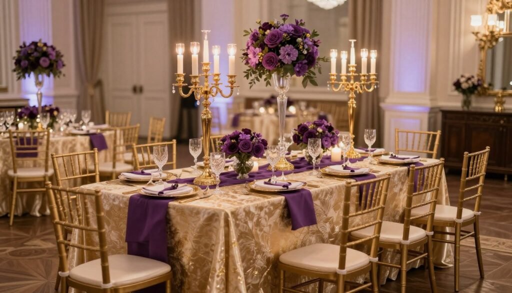 purple and gold wedding reception table with elegant centerpieces and gold accents