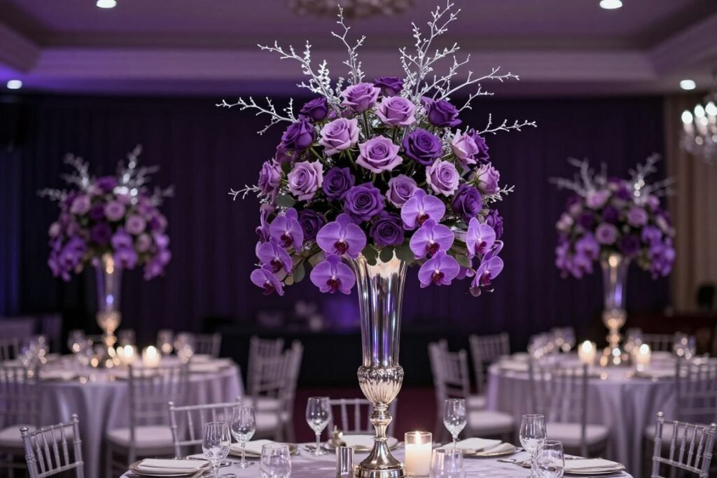 purple and silver wedding centerpiece