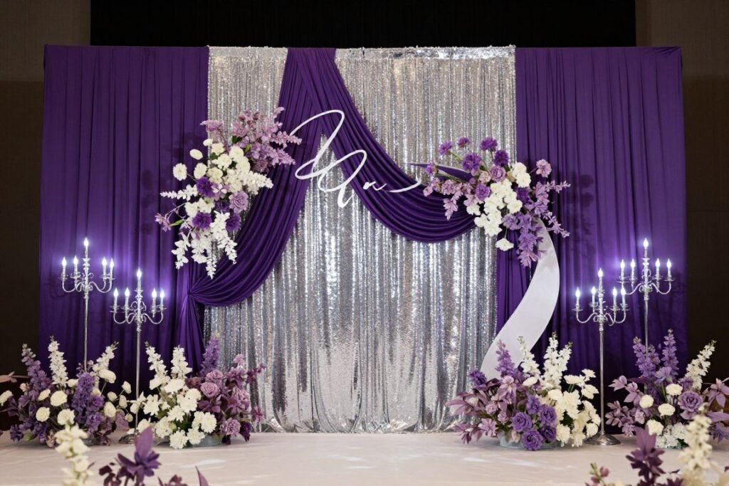 purple and silver wedding ceremony backdrop