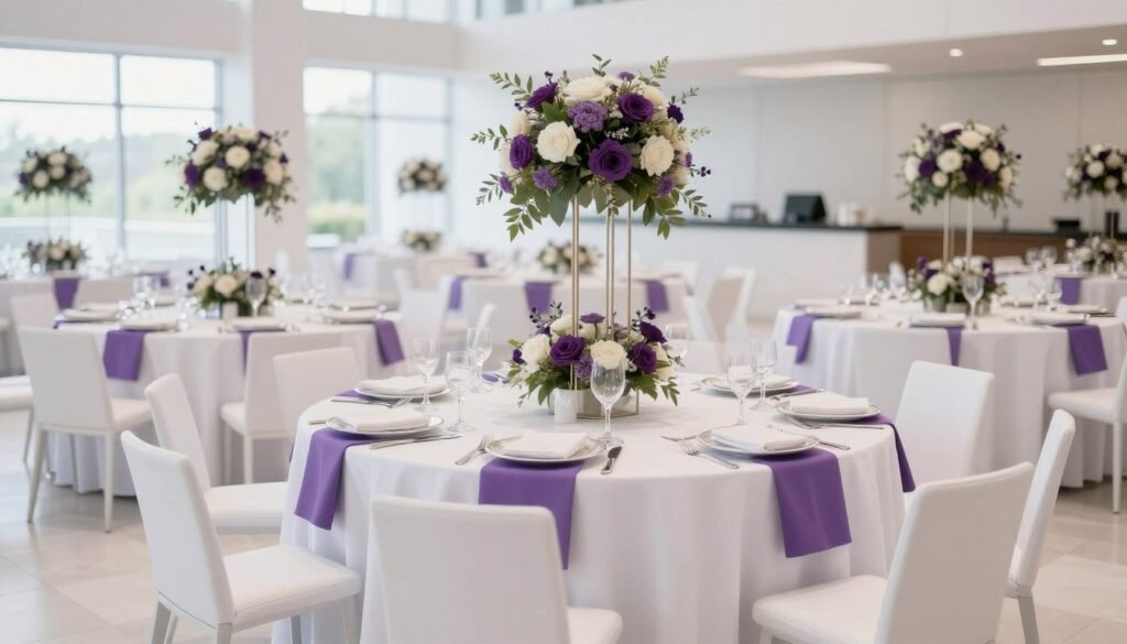 purple and white wedding reception with clean elegant decor