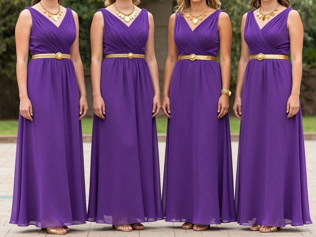 purple bridesmaid dresses with gold accessories and jewelry