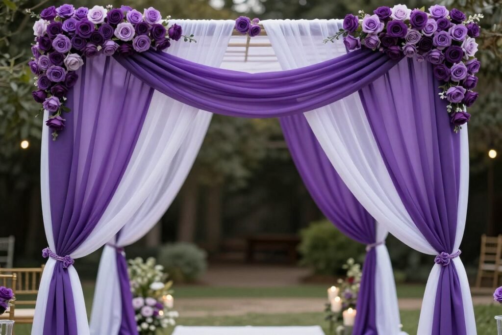purple draped fabric ceremony arch with flower accents