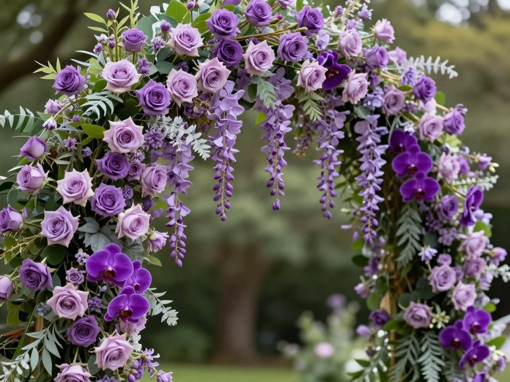 purple floral ceremony arch with cascading flowers