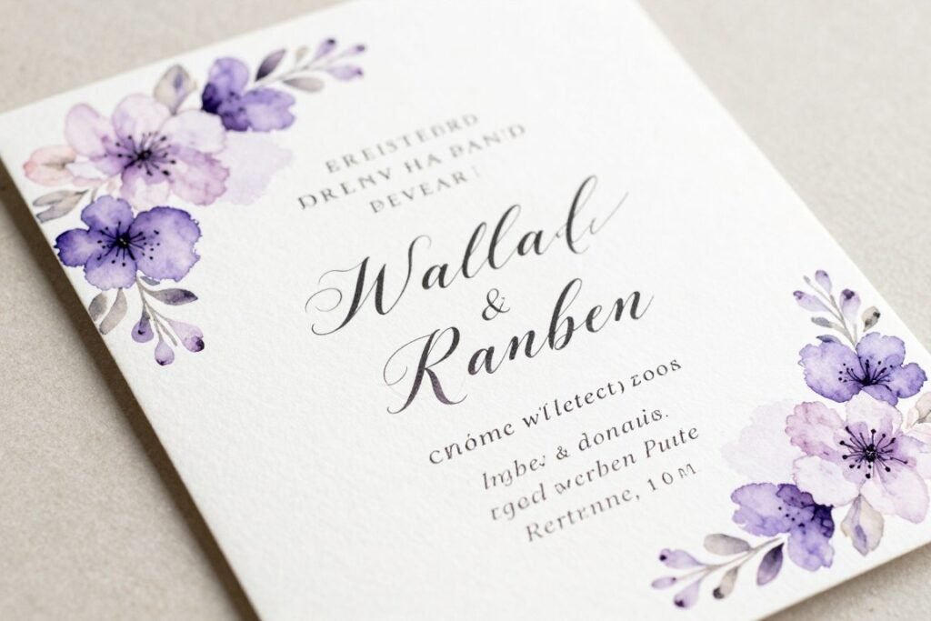 purple watercolor wedding invitation with floral design