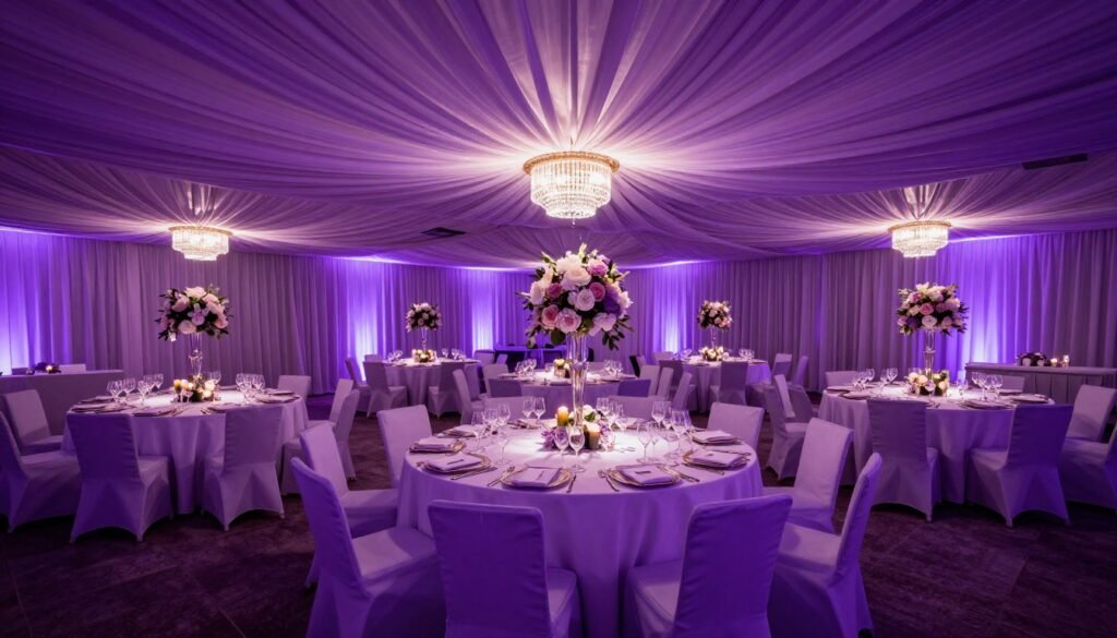 purple wedding reception venue with comprehensive decor and lighting
