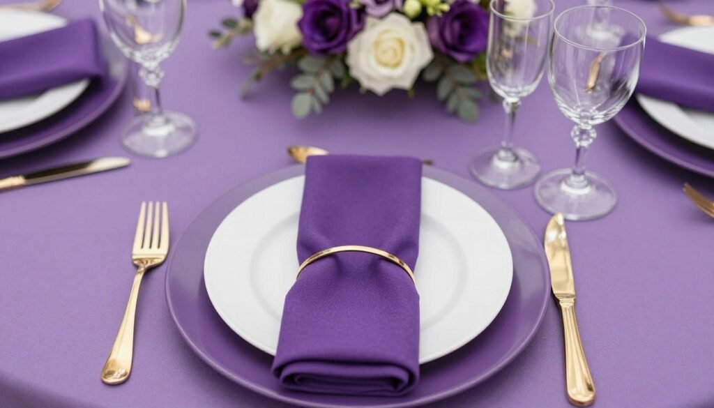 purple wedding table setting with complete place setting