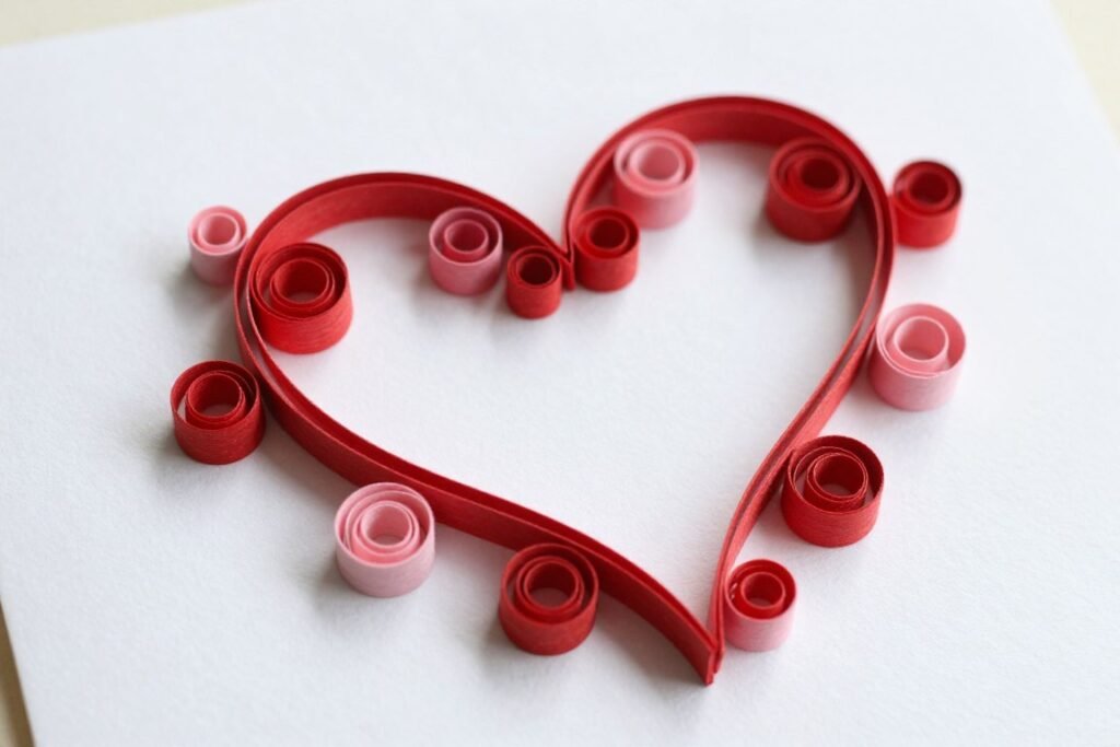 quilled paper heart design on white anniversary card showing rolled paper coils