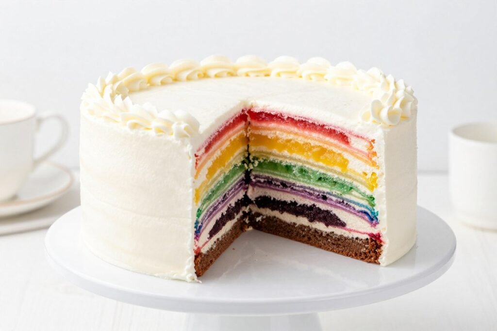 rainbow layer cake with slice removed showing colorful layers