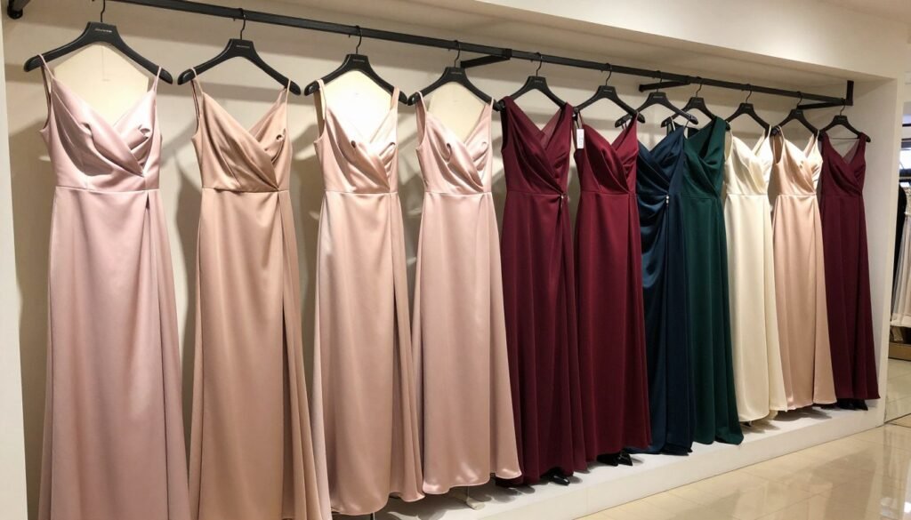 rainbow of satin bridesmaid dresses in various colors displayed