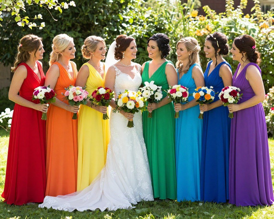 rainbow spectrum bridesmaid dresses in organized color order creating vibrant wedding party
