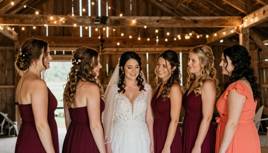 real barn wedding bridesmaids with mixed rustic hairstyles