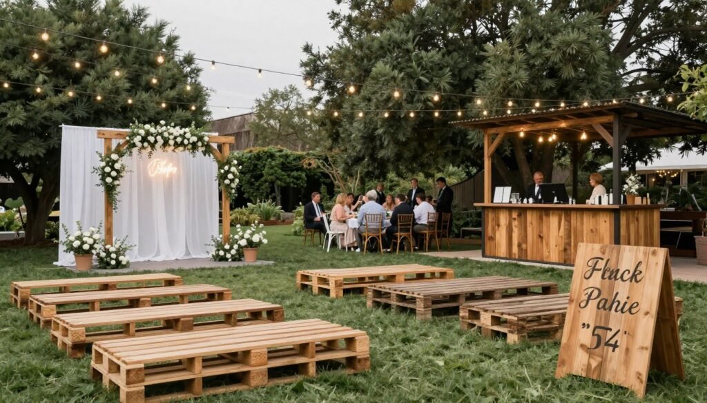 real wedding featuring multiple pallet decoration elements