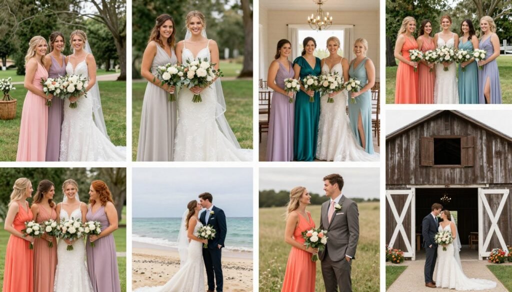 real wedding photos showing successfully styled colorful bridesmaid dresses in various settings