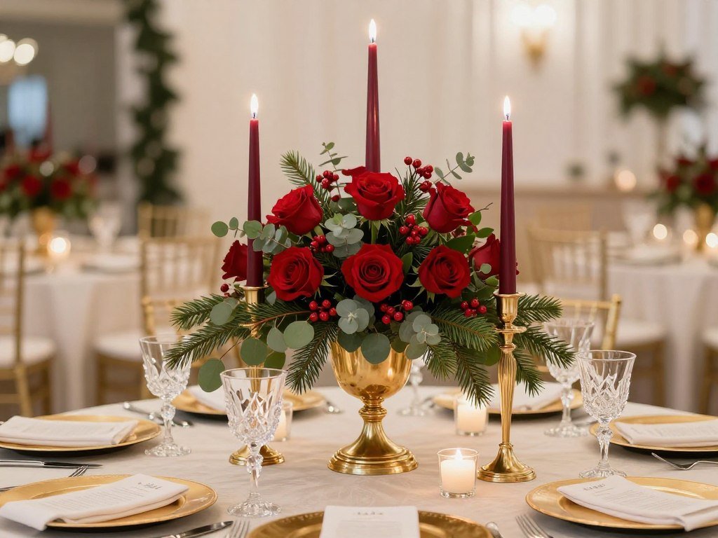 red and green christmas wedding centerpiece with roses and evergreen branches red and green christmas wedding centerpiece with roses and evergreen branches