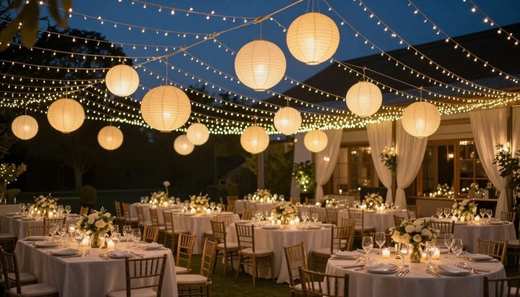 rehearsal dinner space decorated with string lights and lanterns rehearsal dinner space decorated with string lights and lanterns