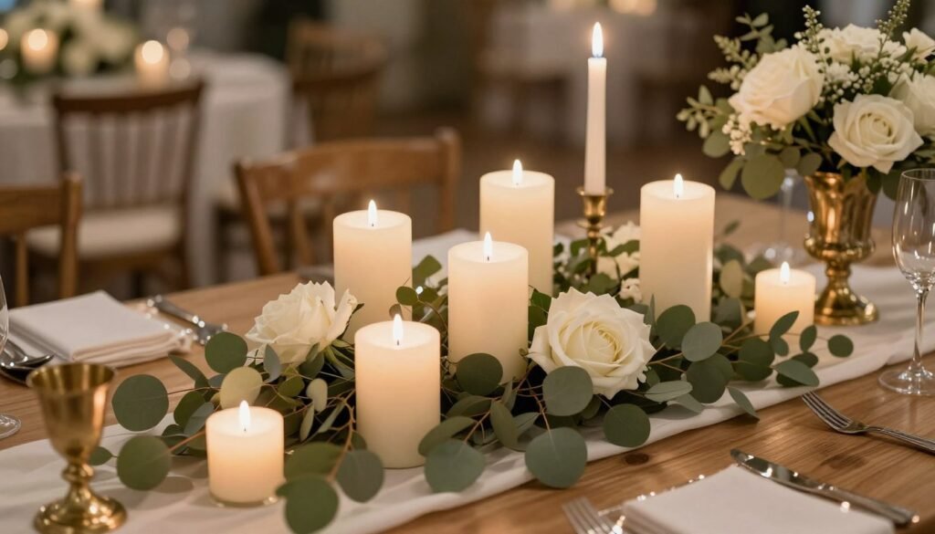 rehearsal dinner table centerpiece with candles