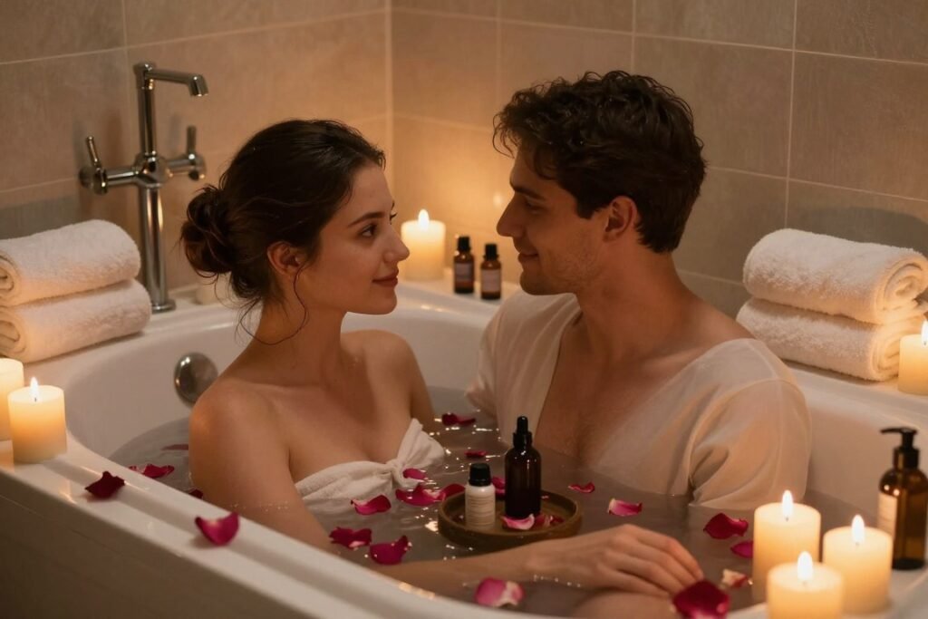 relaxing home spa bathroom setup for couples anniversary celebration