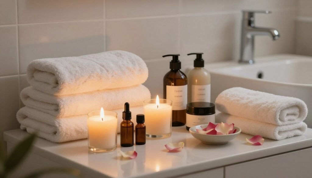 relaxing home spa setup with candles and bath products