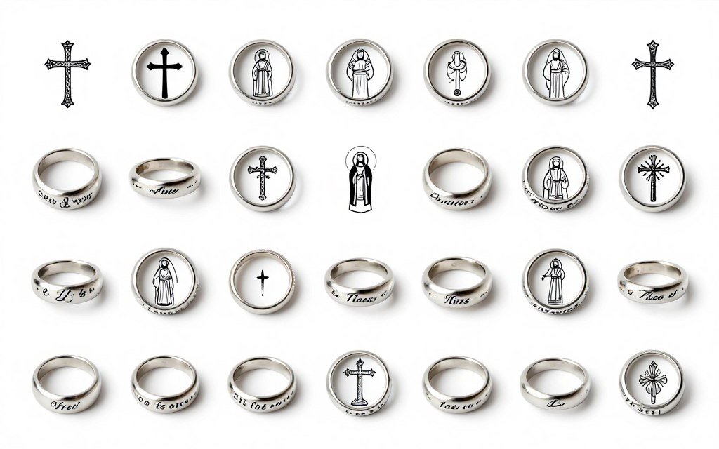 religious and spiritual wedding ring tattoo symbols including crosses and faith elements