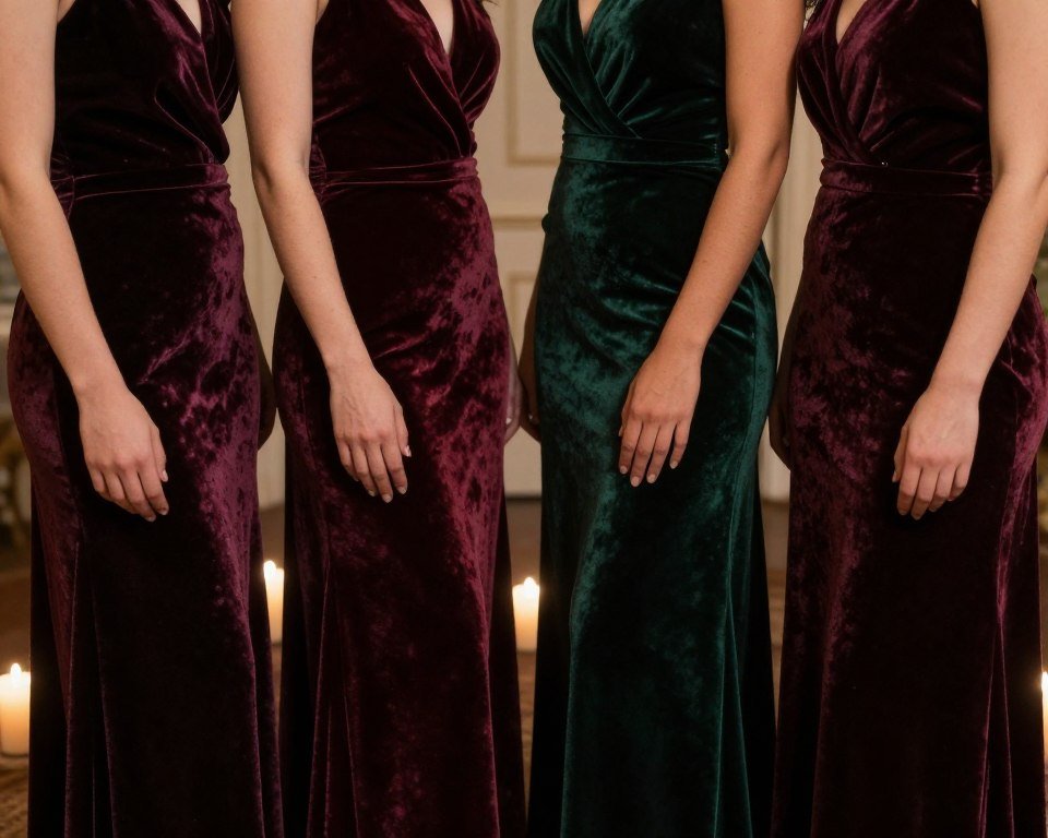 rich velvet bridesmaid dresses in burgundy and forest green creating dramatic winter wedding look