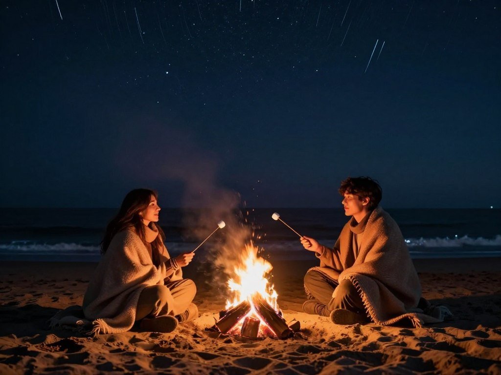romantic beach bonfire at night with couple