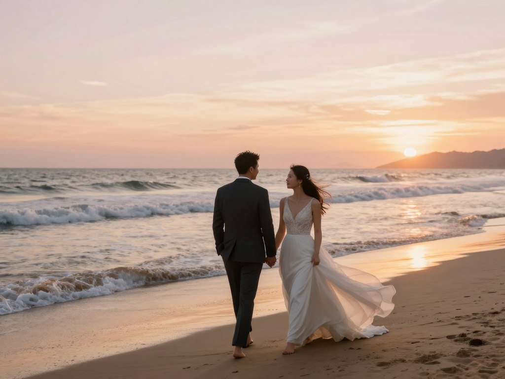 romantic beach elopement photoshoot ideas at sunset with ocean waves