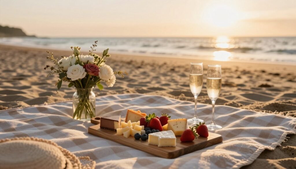 romantic beach picnic proposal setup with blanket cheese and champagne at sunset romantic beach picnic proposal setup with blanket cheese and champagne at sunset