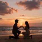 romantic beach proposal at sunset with couple silhouette