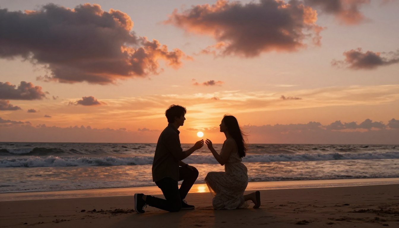 romantic beach proposal at sunset with couple silhouette